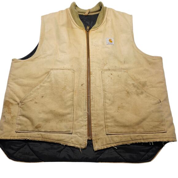Vintage Carhartt Duck Canvas Vest Quilt Lined Made In USA VQ186 Workwear Tan XL - Picture 1 of 11